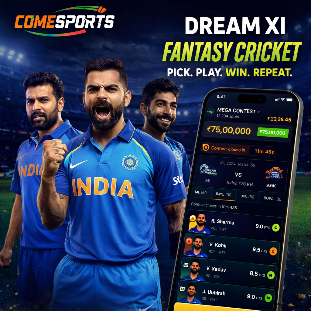 Come Sport Hub fantasy cricket and India team visual