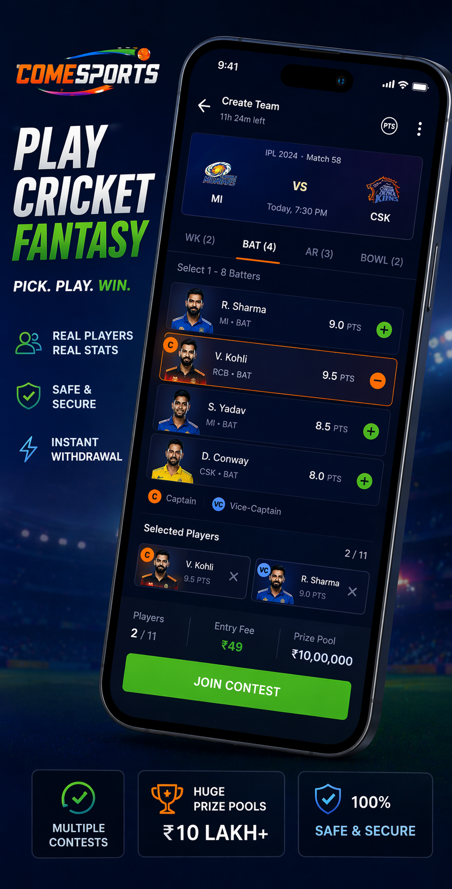 Come Sport Hub cricket fantasy visual
